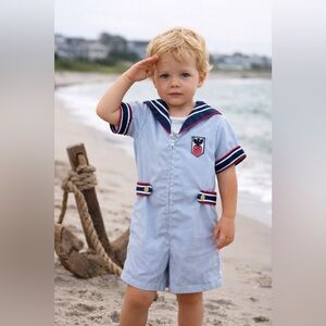 Vintage 60’s/70’s Children’s 4T Light Blue Eagle Patch Nautical Sailor Romper
